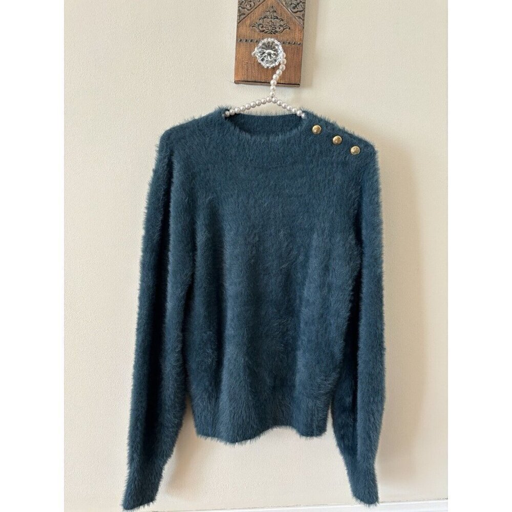 Banana Republic Womens Size Small Green Fuzzy Sweater Gold Button Trim Soft